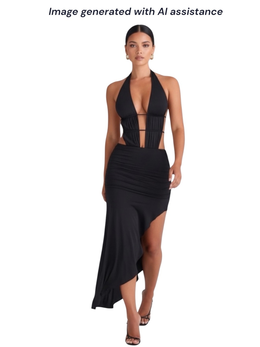 Oh Polly XXL black asymmetrical halter cutout midaxi dress
